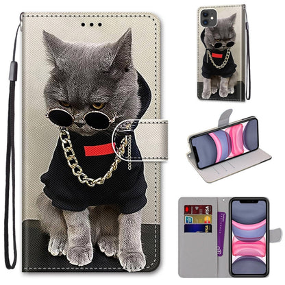 For iPhone 11 Coloured Drawing Cross Texture Horizontal Flip PU Leather Case with Holder & Card Slots & Wallet & Lanyard (B09 Golden Chain Grey Cat) - iPhone 11 Cases by buy2fix | Online Shopping UK | buy2fix