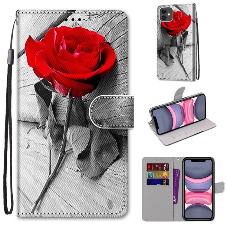 For iPhone 11 Coloured Drawing Cross Texture Horizontal Flip PU Leather Case with Holder & Card Slots & Wallet & Lanyard (B10 Wood Red Rose) - iPhone 11 Cases by buy2fix | Online Shopping UK | buy2fix