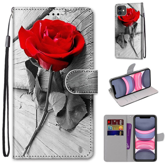 For iPhone 11 Coloured Drawing Cross Texture Horizontal Flip PU Leather Case with Holder & Card Slots & Wallet & Lanyard (B10 Wood Red Rose) - iPhone 11 Cases by buy2fix | Online Shopping UK | buy2fix