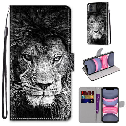 For iPhone 11 Coloured Drawing Cross Texture Horizontal Flip PU Leather Case with Holder & Card Slots & Wallet & Lanyard (B11 Black White Lion Head) - iPhone 11 Cases by buy2fix | Online Shopping UK | buy2fix