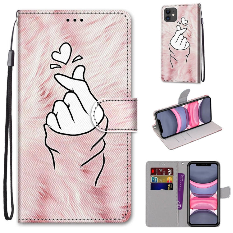 For iPhone 11 Coloured Drawing Cross Texture Horizontal Flip PU Leather Case with Holder & Card Slots & Wallet & Lanyard (Pink Hands Heart) - iPhone 11 Cases by buy2fix | Online Shopping UK | buy2fix