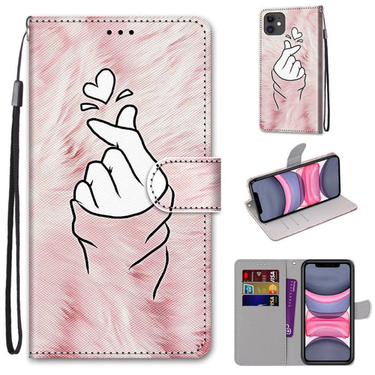 For iPhone 11 Coloured Drawing Cross Texture Horizontal Flip PU Leather Case with Holder & Card Slots & Wallet & Lanyard (Pink Hands Heart) - iPhone 11 Cases by buy2fix | Online Shopping UK | buy2fix