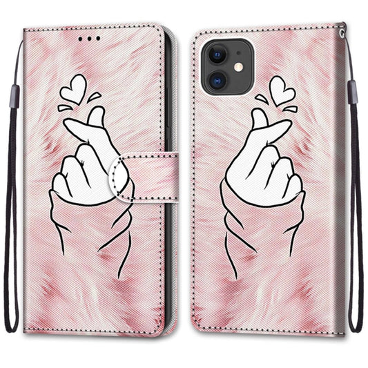 For iPhone 11 Coloured Drawing Cross Texture Horizontal Flip PU Leather Case with Holder & Card Slots & Wallet & Lanyard (Pink Hands Heart) - iPhone 11 Cases by buy2fix | Online Shopping UK | buy2fix