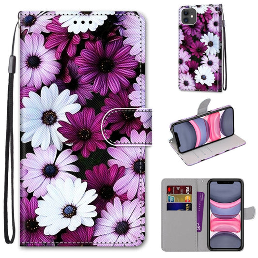 For iPhone 11 Coloured Drawing Cross Texture Horizontal Flip PU Leather Case with Holder & Card Slots & Wallet & Lanyard (Chrysanthemum Pink White Purple) - iPhone 11 Cases by buy2fix | Online Shopping UK | buy2fix