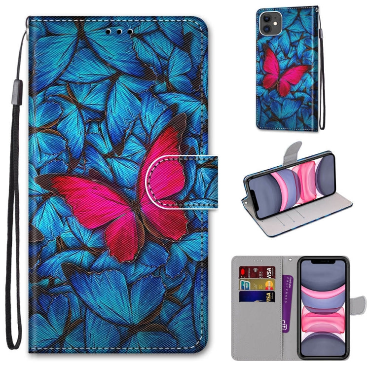 For iPhone 11 Coloured Drawing Cross Texture Horizontal Flip PU Leather Case with Holder & Card Slots & Wallet & Lanyard (Blue Red Butterfly) - iPhone 11 Cases by buy2fix | Online Shopping UK | buy2fix