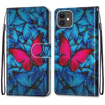For iPhone 11 Coloured Drawing Cross Texture Horizontal Flip PU Leather Case with Holder & Card Slots & Wallet & Lanyard (Blue Red Butterfly) - iPhone 11 Cases by buy2fix | Online Shopping UK | buy2fix