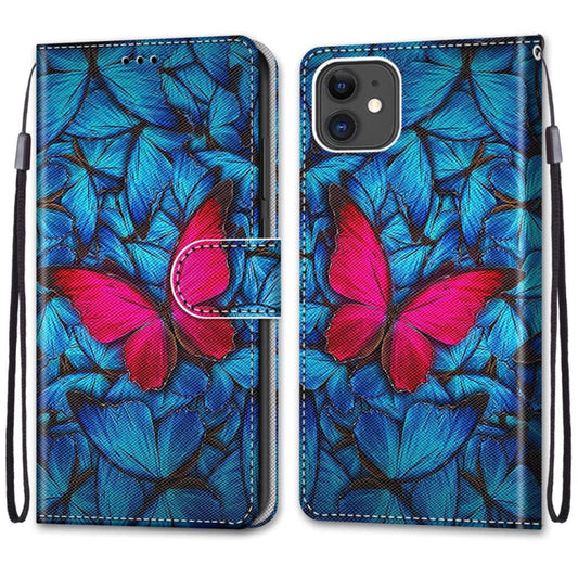 For iPhone 11 Coloured Drawing Cross Texture Horizontal Flip PU Leather Case with Holder & Card Slots & Wallet & Lanyard (Blue Red Butterfly) - iPhone 11 Cases by buy2fix | Online Shopping UK | buy2fix