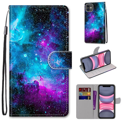 For iPhone 11 Coloured Drawing Cross Texture Horizontal Flip PU Leather Case with Holder & Card Slots & Wallet & Lanyard (Purple Green Starry Sky) - iPhone 11 Cases by buy2fix | Online Shopping UK | buy2fix