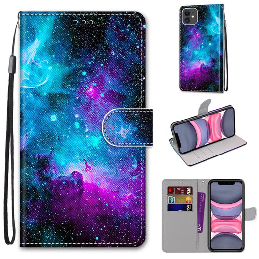 For iPhone 11 Coloured Drawing Cross Texture Horizontal Flip PU Leather Case with Holder & Card Slots & Wallet & Lanyard (Purple Green Starry Sky) - iPhone 11 Cases by buy2fix | Online Shopping UK | buy2fix