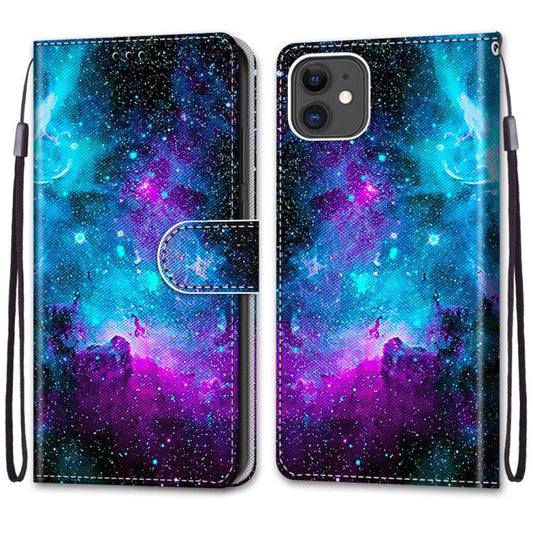 For iPhone 11 Coloured Drawing Cross Texture Horizontal Flip PU Leather Case with Holder & Card Slots & Wallet & Lanyard (Purple Green Starry Sky) - iPhone 11 Cases by buy2fix | Online Shopping UK | buy2fix