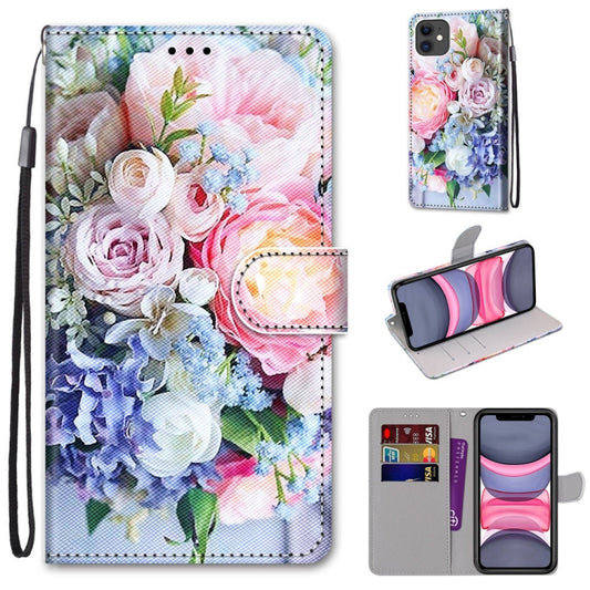 For iPhone 11 Coloured Drawing Cross Texture Horizontal Flip PU Leather Case with Holder & Card Slots & Wallet & Lanyard (Light Pink Bouquet) - iPhone 11 Cases by buy2fix | Online Shopping UK | buy2fix