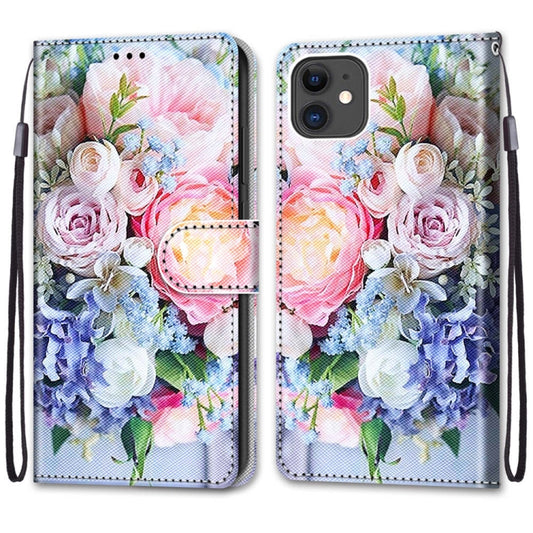 For iPhone 11 Coloured Drawing Cross Texture Horizontal Flip PU Leather Case with Holder & Card Slots & Wallet & Lanyard (Light Pink Bouquet) - iPhone 11 Cases by buy2fix | Online Shopping UK | buy2fix