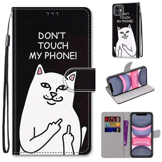 For iPhone 11 Coloured Drawing Cross Texture Horizontal Flip PU Leather Case with Holder & Card Slots & Wallet & Lanyard (Middle Finger White Cat) - iPhone 11 Cases by buy2fix | Online Shopping UK | buy2fix