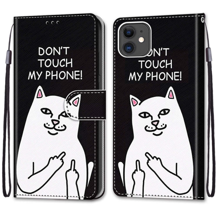 For iPhone 11 Coloured Drawing Cross Texture Horizontal Flip PU Leather Case with Holder & Card Slots & Wallet & Lanyard (Middle Finger White Cat) - iPhone 11 Cases by buy2fix | Online Shopping UK | buy2fix