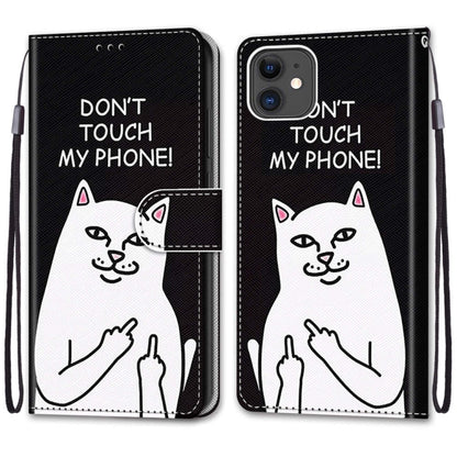 For iPhone 11 Coloured Drawing Cross Texture Horizontal Flip PU Leather Case with Holder & Card Slots & Wallet & Lanyard (Middle Finger White Cat) - iPhone 11 Cases by buy2fix | Online Shopping UK | buy2fix