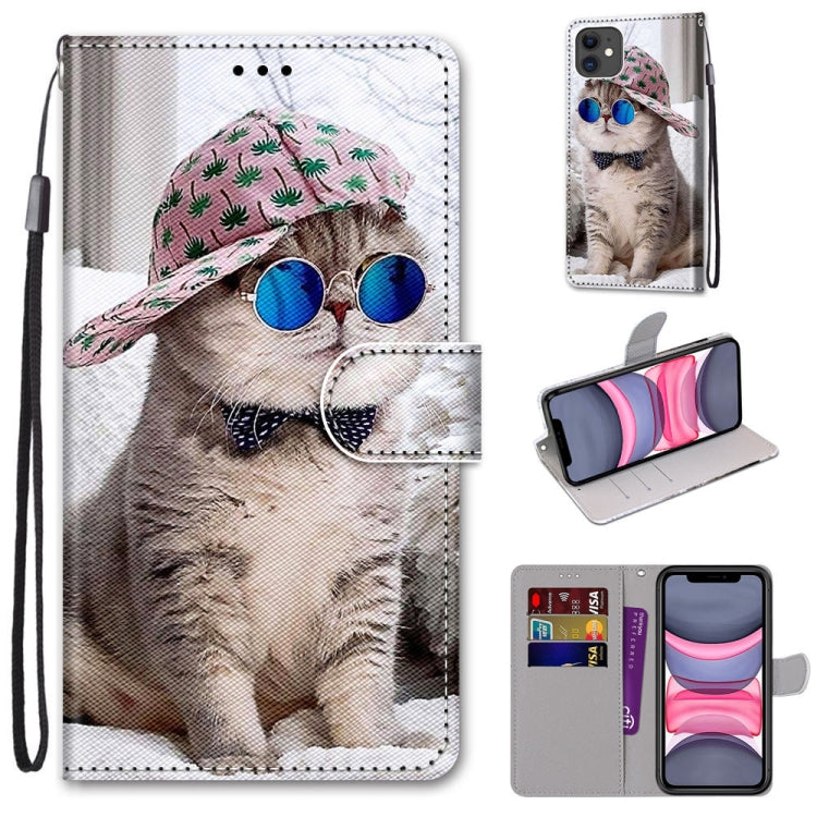For iPhone 11 Coloured Drawing Cross Texture Horizontal Flip PU Leather Case with Holder & Card Slots & Wallet & Lanyard (Slant Hat Blue Mirror Cat) - iPhone 11 Cases by buy2fix | Online Shopping UK | buy2fix