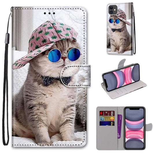 For iPhone 11 Coloured Drawing Cross Texture Horizontal Flip PU Leather Case with Holder & Card Slots & Wallet & Lanyard (Slant Hat Blue Mirror Cat) - iPhone 11 Cases by buy2fix | Online Shopping UK | buy2fix