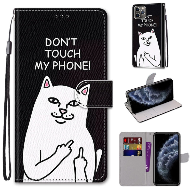 For iPhone 11 Pro Coloured Drawing Cross Texture Horizontal Flip PU Leather Case with Holder & Card Slots & Wallet & Lanyard (Middle Finger White Cat) - iPhone 11 Pro Cases by buy2fix | Online Shopping UK | buy2fix