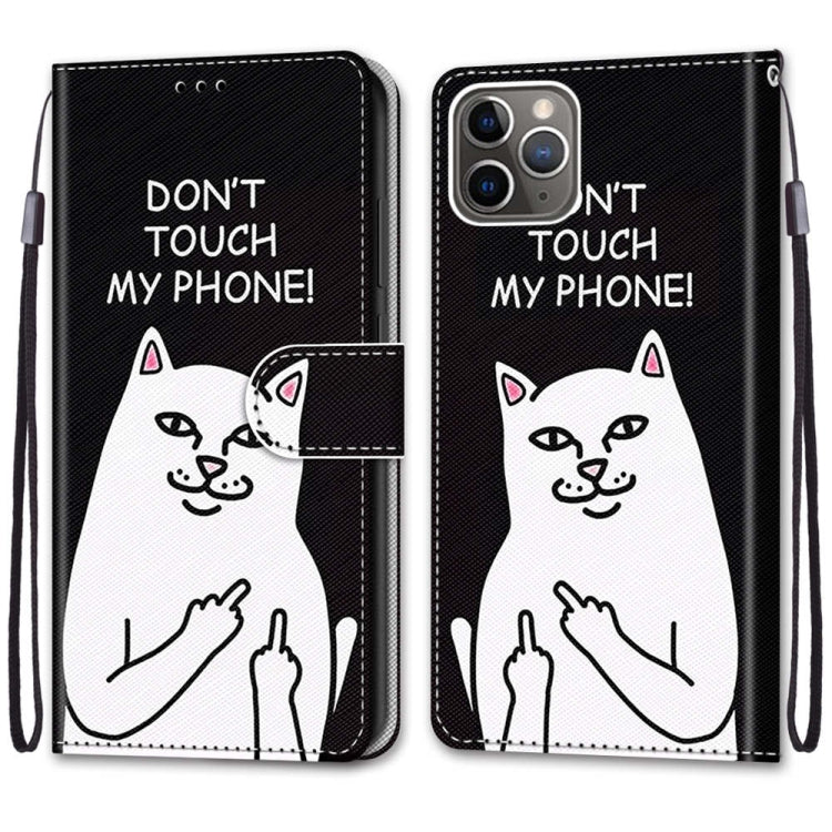 For iPhone 11 Pro Coloured Drawing Cross Texture Horizontal Flip PU Leather Case with Holder & Card Slots & Wallet & Lanyard (Middle Finger White Cat) - iPhone 11 Pro Cases by buy2fix | Online Shopping UK | buy2fix