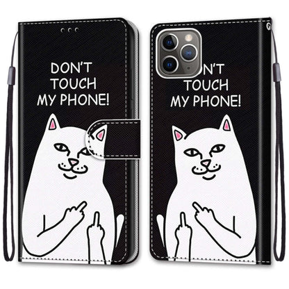 For iPhone 11 Pro Coloured Drawing Cross Texture Horizontal Flip PU Leather Case with Holder & Card Slots & Wallet & Lanyard (Middle Finger White Cat) - iPhone 11 Pro Cases by buy2fix | Online Shopping UK | buy2fix