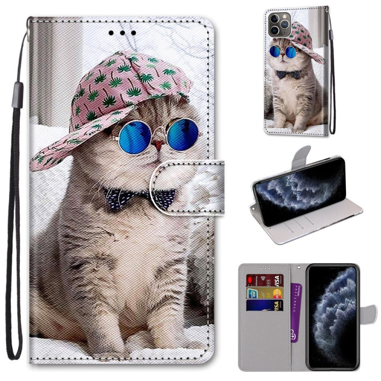 For iPhone 11 Pro Coloured Drawing Cross Texture Horizontal Flip PU Leather Case with Holder & Card Slots & Wallet & Lanyard (Slant Hat Blue Mirror Cat) - iPhone 11 Pro Cases by buy2fix | Online Shopping UK | buy2fix