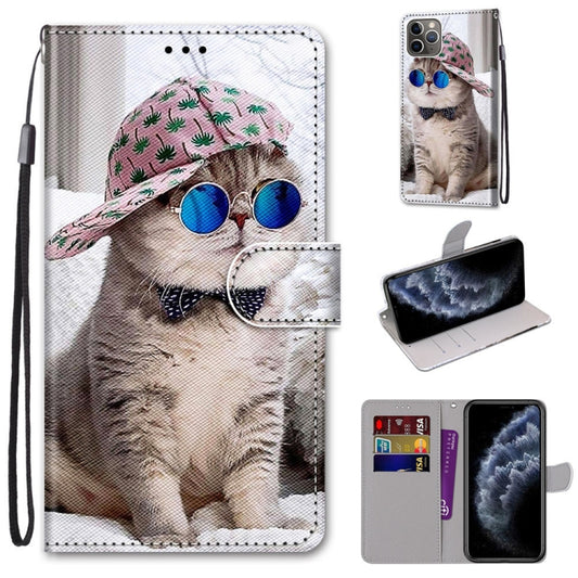 For iPhone 11 Pro Coloured Drawing Cross Texture Horizontal Flip PU Leather Case with Holder & Card Slots & Wallet & Lanyard (Slant Hat Blue Mirror Cat) - iPhone 11 Pro Cases by buy2fix | Online Shopping UK | buy2fix