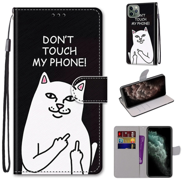 For iPhone 11 Pro Max Coloured Drawing Cross Texture Horizontal Flip PU Leather Case with Holder & Card Slots & Wallet & Lanyard (Middle Finger White Cat) - iPhone 11 Pro Max Cases by buy2fix | Online Shopping UK | buy2fix