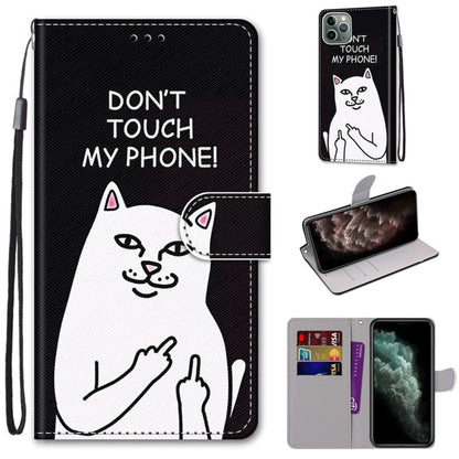 For iPhone 11 Pro Max Coloured Drawing Cross Texture Horizontal Flip PU Leather Case with Holder & Card Slots & Wallet & Lanyard (Middle Finger White Cat) - iPhone 11 Pro Max Cases by buy2fix | Online Shopping UK | buy2fix