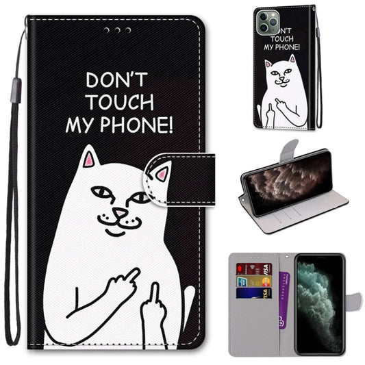 For iPhone 11 Pro Max Coloured Drawing Cross Texture Horizontal Flip PU Leather Case with Holder & Card Slots & Wallet & Lanyard (Middle Finger White Cat) - iPhone 11 Pro Max Cases by buy2fix | Online Shopping UK | buy2fix
