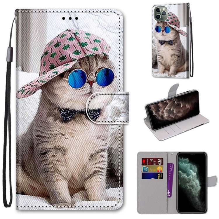 For iPhone 11 Pro Max Coloured Drawing Cross Texture Horizontal Flip PU Leather Case with Holder & Card Slots & Wallet & Lanyard (Slant Hat Blue Mirror Cat) - iPhone 11 Pro Max Cases by buy2fix | Online Shopping UK | buy2fix