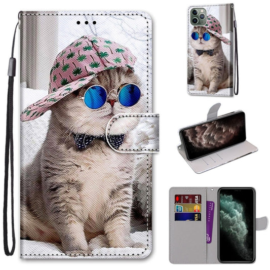 For iPhone 11 Pro Max Coloured Drawing Cross Texture Horizontal Flip PU Leather Case with Holder & Card Slots & Wallet & Lanyard (Slant Hat Blue Mirror Cat) - iPhone 11 Pro Max Cases by buy2fix | Online Shopping UK | buy2fix