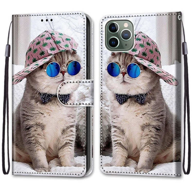 For iPhone 11 Pro Max Coloured Drawing Cross Texture Horizontal Flip PU Leather Case with Holder & Card Slots & Wallet & Lanyard (Slant Hat Blue Mirror Cat) - iPhone 11 Pro Max Cases by buy2fix | Online Shopping UK | buy2fix