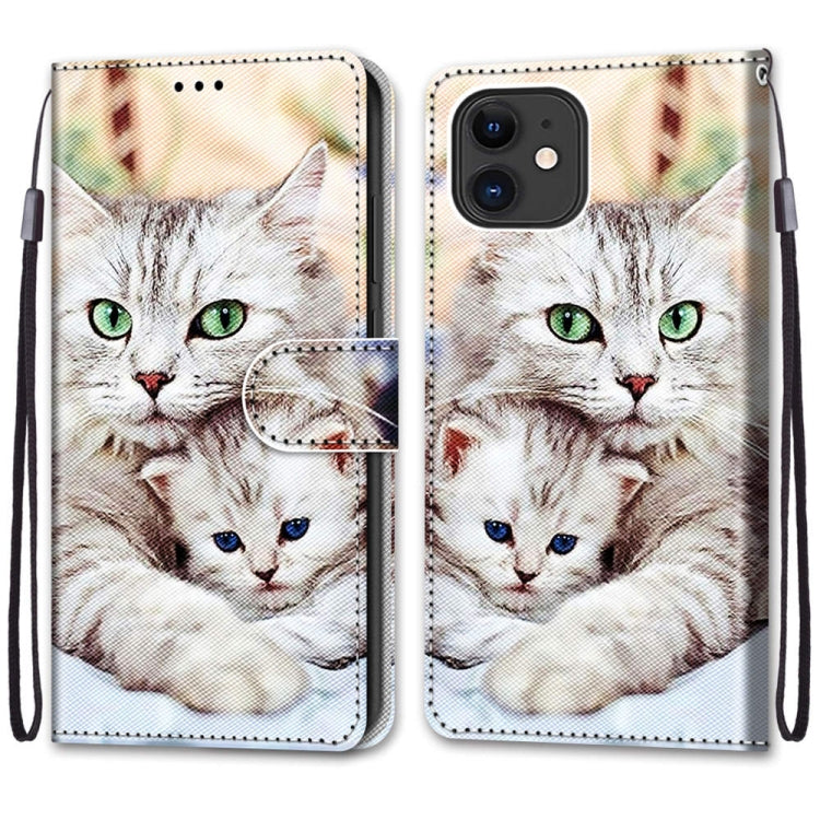 For iPhone 12 mini Coloured Drawing Cross Texture Horizontal Flip PU Leather Case with Holder & Card Slots & Wallet & Lanyard (Big Cat Holding Kitten) - iPhone 12 mini Cases by buy2fix | Online Shopping UK | buy2fix