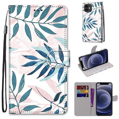 For iPhone 12 mini Coloured Drawing Cross Texture Horizontal Flip PU Leather Case with Holder & Card Slots & Wallet & Lanyard (Pink Green Leaf) - iPhone 12 mini Cases by buy2fix | Online Shopping UK | buy2fix