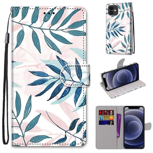 For iPhone 12 mini Coloured Drawing Cross Texture Horizontal Flip PU Leather Case with Holder & Card Slots & Wallet & Lanyard (Pink Green Leaf) - iPhone 12 mini Cases by buy2fix | Online Shopping UK | buy2fix