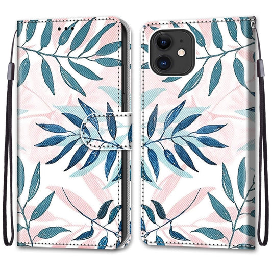 For iPhone 12 mini Coloured Drawing Cross Texture Horizontal Flip PU Leather Case with Holder & Card Slots & Wallet & Lanyard (Pink Green Leaf) - iPhone 12 mini Cases by buy2fix | Online Shopping UK | buy2fix