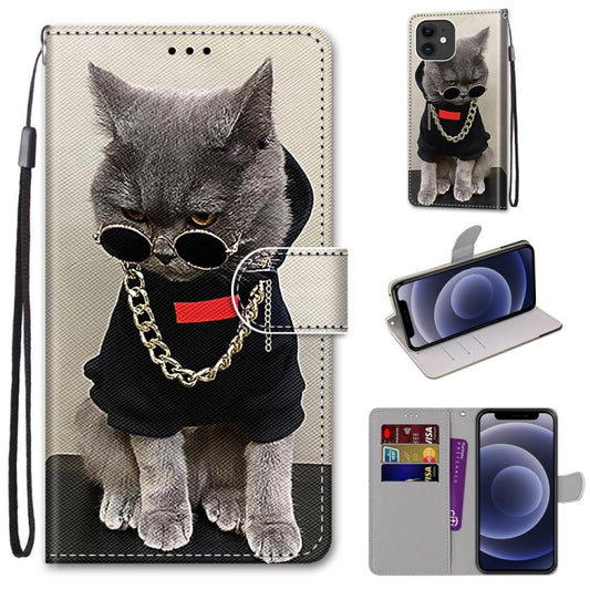 For iPhone 12 mini Coloured Drawing Cross Texture Horizontal Flip PU Leather Case with Holder & Card Slots & Wallet & Lanyard (B09 Golden Chain Grey Cat) - iPhone 12 mini Cases by buy2fix | Online Shopping UK | buy2fix