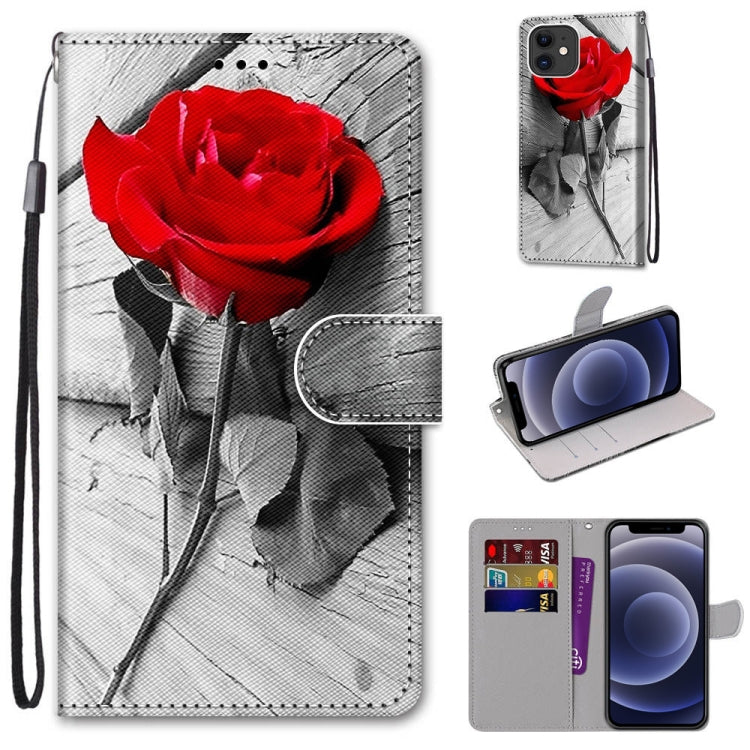 For iPhone 12 mini Coloured Drawing Cross Texture Horizontal Flip PU Leather Case with Holder & Card Slots & Wallet & Lanyard (B10 Wood Red Rose) - iPhone 12 mini Cases by buy2fix | Online Shopping UK | buy2fix