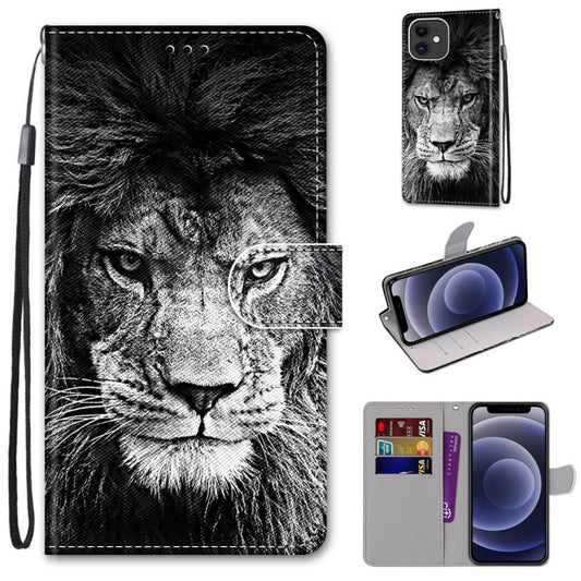 For iPhone 12 mini Coloured Drawing Cross Texture Horizontal Flip PU Leather Case with Holder & Card Slots & Wallet & Lanyard (B11 Black White Lion Head) - iPhone 12 mini Cases by buy2fix | Online Shopping UK | buy2fix