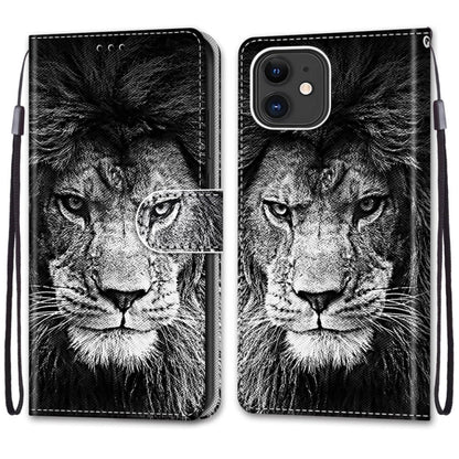For iPhone 12 mini Coloured Drawing Cross Texture Horizontal Flip PU Leather Case with Holder & Card Slots & Wallet & Lanyard (B11 Black White Lion Head) - iPhone 12 mini Cases by buy2fix | Online Shopping UK | buy2fix