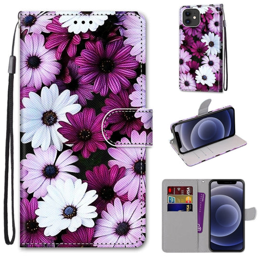 For iPhone 12 mini Coloured Drawing Cross Texture Horizontal Flip PU Leather Case with Holder & Card Slots & Wallet & Lanyard (Chrysanthemum Pink White Purple) - iPhone 12 mini Cases by buy2fix | Online Shopping UK | buy2fix