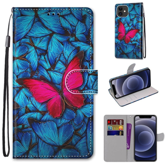 For iPhone 12 mini Coloured Drawing Cross Texture Horizontal Flip PU Leather Case with Holder & Card Slots & Wallet & Lanyard (Blue Red Butterfly) - iPhone 12 mini Cases by buy2fix | Online Shopping UK | buy2fix