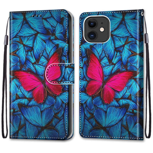 For iPhone 12 mini Coloured Drawing Cross Texture Horizontal Flip PU Leather Case with Holder & Card Slots & Wallet & Lanyard (Blue Red Butterfly) - iPhone 12 mini Cases by buy2fix | Online Shopping UK | buy2fix
