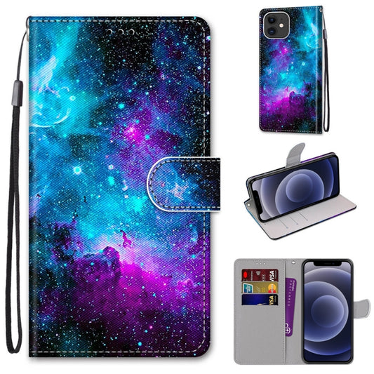 For iPhone 12 mini Coloured Drawing Cross Texture Horizontal Flip PU Leather Case with Holder & Card Slots & Wallet & Lanyard (Purple Green Starry Sky) - iPhone 12 mini Cases by buy2fix | Online Shopping UK | buy2fix