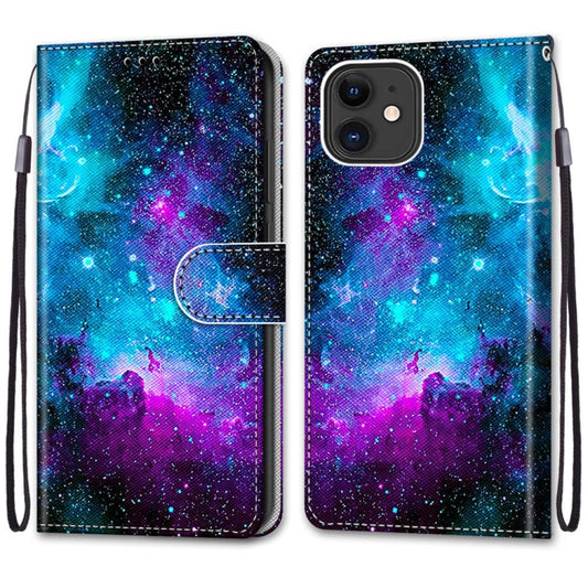 For iPhone 12 mini Coloured Drawing Cross Texture Horizontal Flip PU Leather Case with Holder & Card Slots & Wallet & Lanyard (Purple Green Starry Sky) - iPhone 12 mini Cases by buy2fix | Online Shopping UK | buy2fix