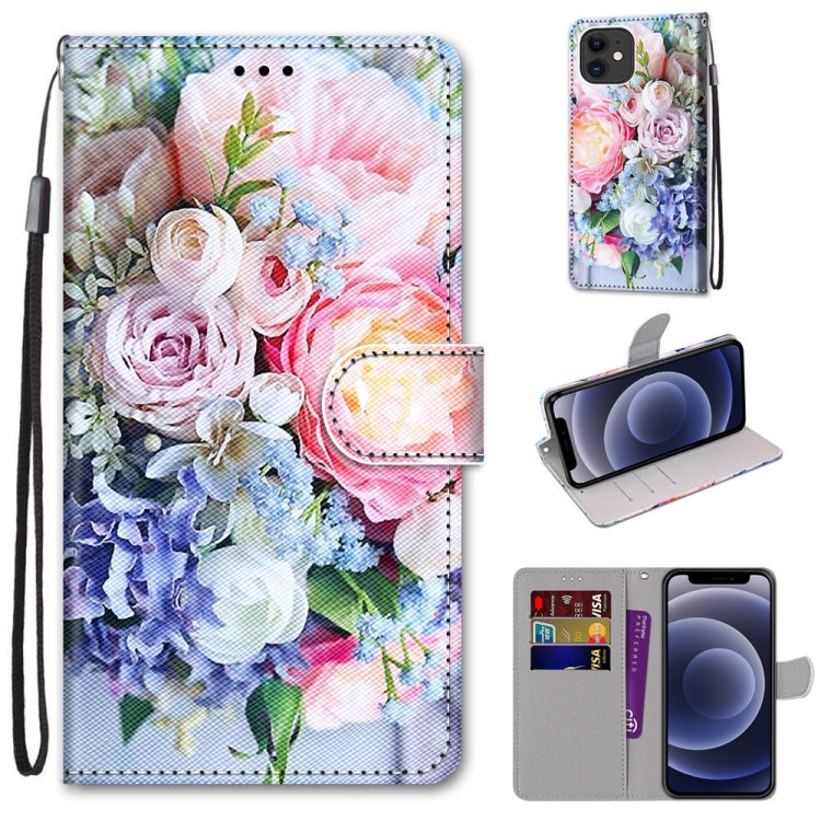 For iPhone 12 mini Coloured Drawing Cross Texture Horizontal Flip PU Leather Case with Holder & Card Slots & Wallet & Lanyard (Light Pink Bouquet) - iPhone 12 mini Cases by buy2fix | Online Shopping UK | buy2fix