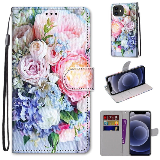 For iPhone 12 mini Coloured Drawing Cross Texture Horizontal Flip PU Leather Case with Holder & Card Slots & Wallet & Lanyard (Light Pink Bouquet) - iPhone 12 mini Cases by buy2fix | Online Shopping UK | buy2fix