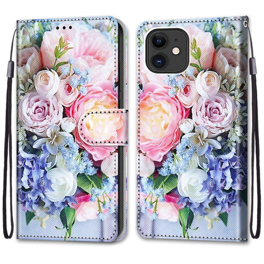 For iPhone 12 mini Coloured Drawing Cross Texture Horizontal Flip PU Leather Case with Holder & Card Slots & Wallet & Lanyard (Light Pink Bouquet) - iPhone 12 mini Cases by buy2fix | Online Shopping UK | buy2fix
