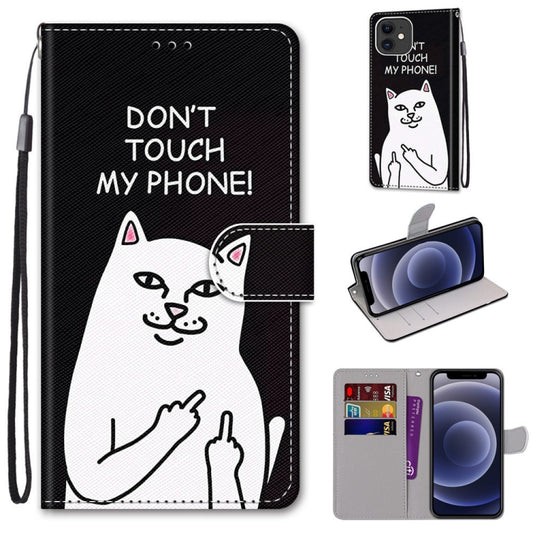 For iPhone 12 mini Coloured Drawing Cross Texture Horizontal Flip PU Leather Case with Holder & Card Slots & Wallet & Lanyard (Middle Finger White Cat) - iPhone 12 mini Cases by buy2fix | Online Shopping UK | buy2fix