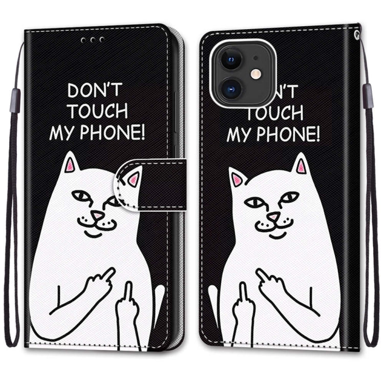 For iPhone 12 mini Coloured Drawing Cross Texture Horizontal Flip PU Leather Case with Holder & Card Slots & Wallet & Lanyard (Middle Finger White Cat) - iPhone 12 mini Cases by buy2fix | Online Shopping UK | buy2fix